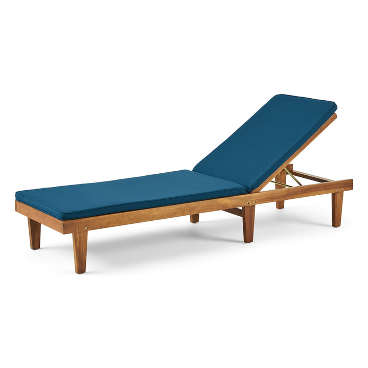 GDFStudio Outdoor Acacia Wood Chaise Lounge and Cushion Set and Blue Teak Finish+Blue Cushion