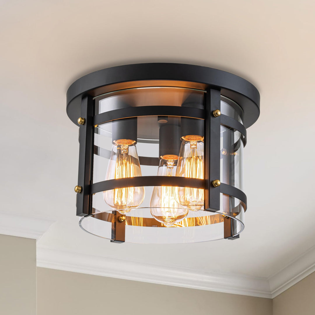 3-light Black Flush ount Ceiling Light with Gold Accent and Clear Glass Shade