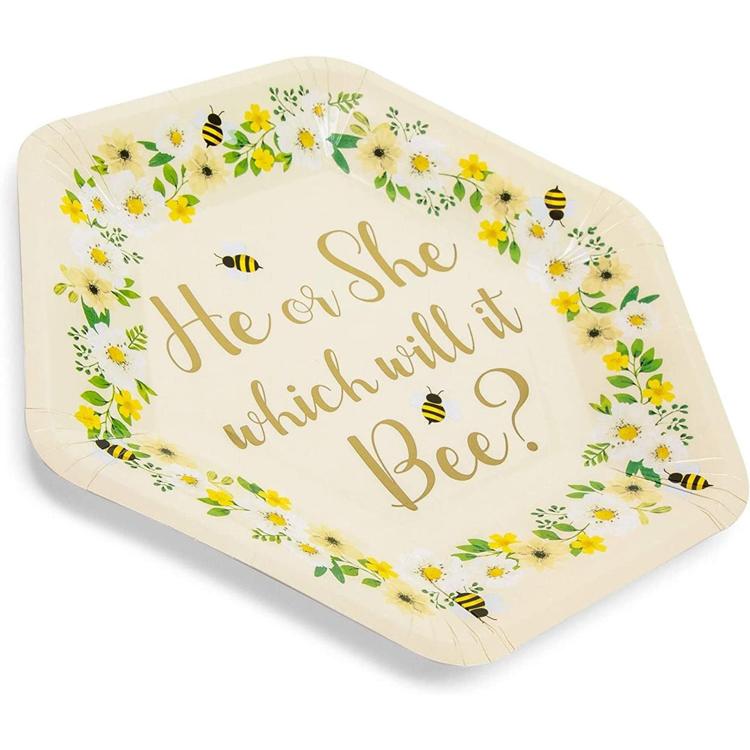 Bee Paper Plates For Gender Reveal Party (9 Inch Hexagon 48 Pack) White Floral