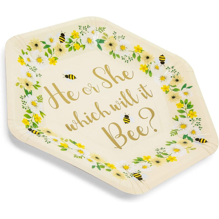 Bee Paper Plates For Gender Reveal Party (9 Inch Hexagon 48 Pack) White Floral