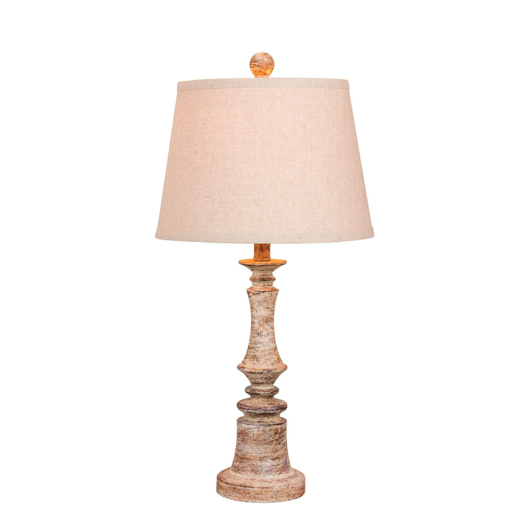 26.5 in. Distressed Candlestick Resin Table Lamp in A Cottage Antique Beige