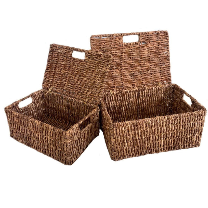 America Basket Woven Grass Rectangular Lidded Storage Baskets (Set of 2) Brown Dark Walnut - Diamond Home USA