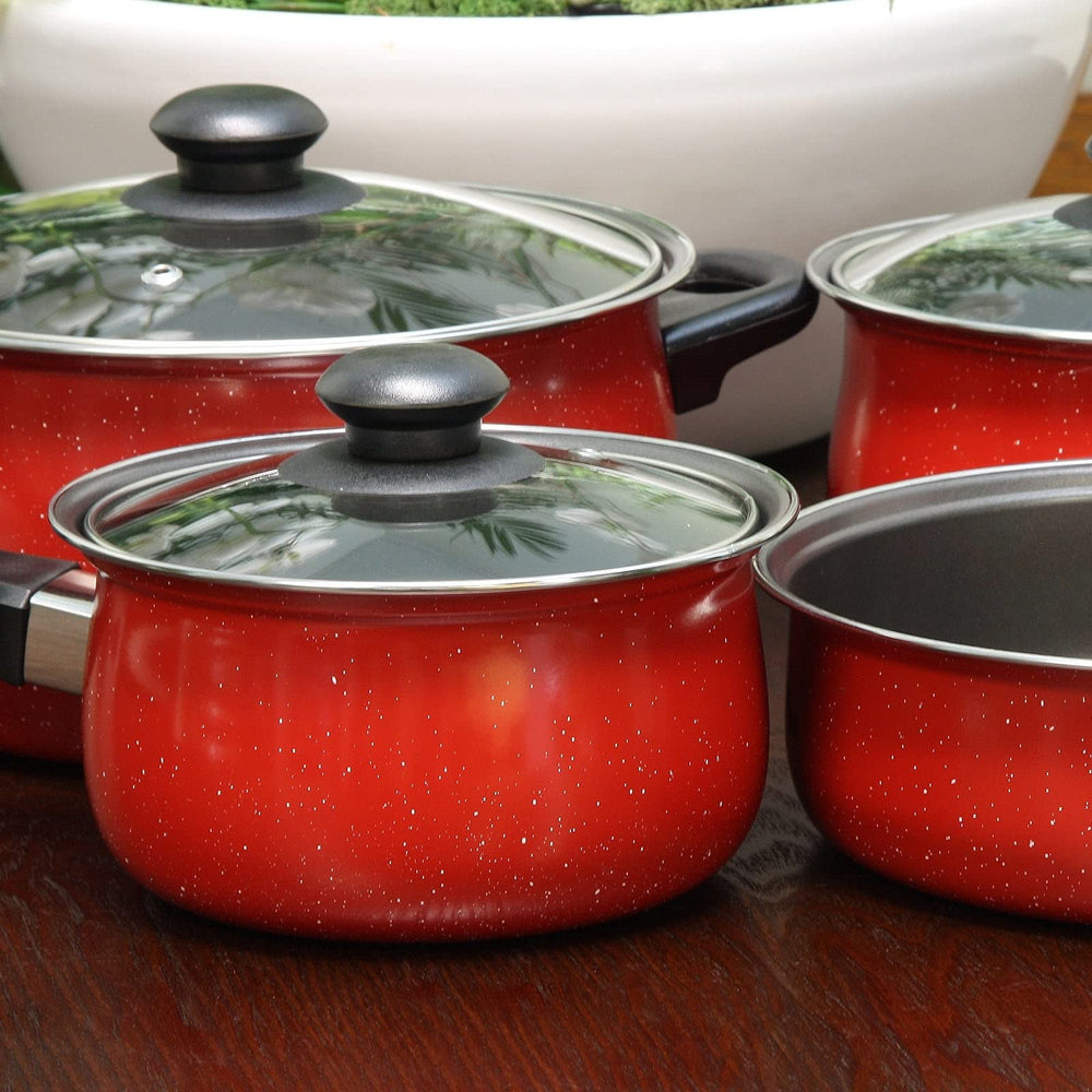 7 Piece Cookware Set in Red with Carbon Steel Piece - Diamond Home USA