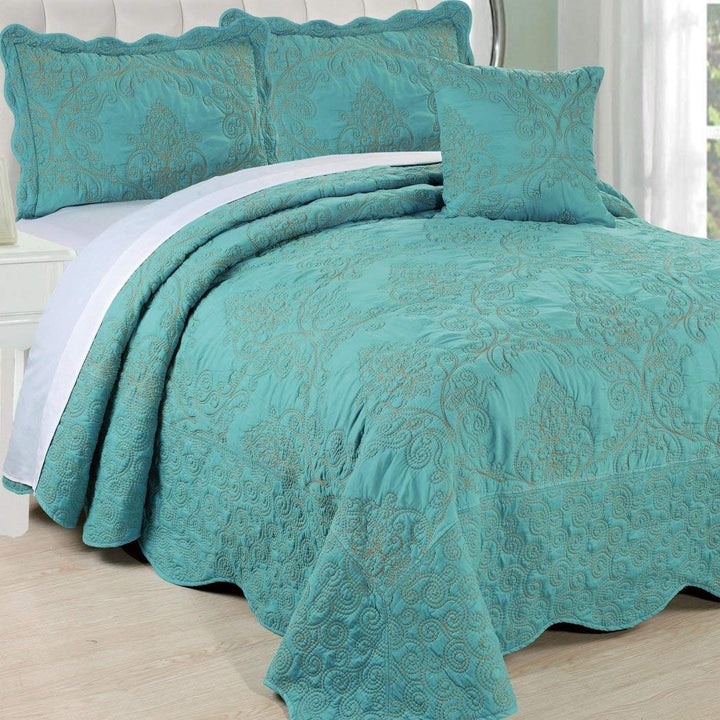 AD 4 Piece Teal Blue Queen Bedspread Set Floral Themed Bedding Stylish Vintage Teal - Queen