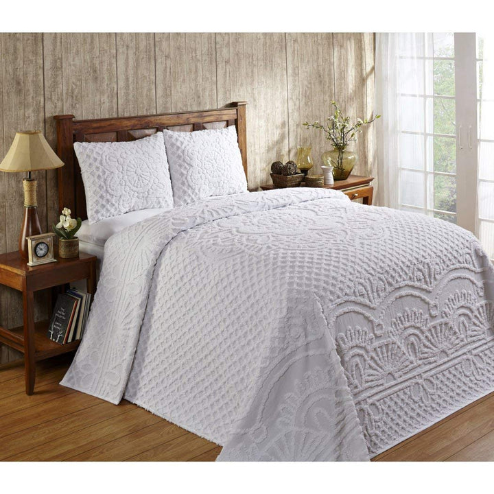 F&W 3 Piece White Chenille Geometric Tufted Pattern Bedspread Queen Set White - Queen