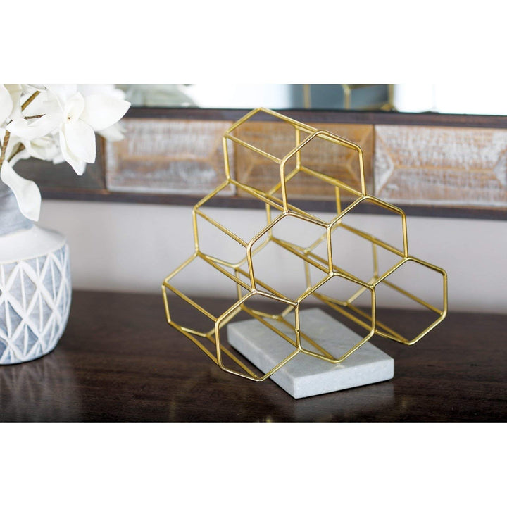 Gold Geo Wine Rack Elegant Countertop Pyramid 6Bottle Wine Holder Hexagon-Shaped