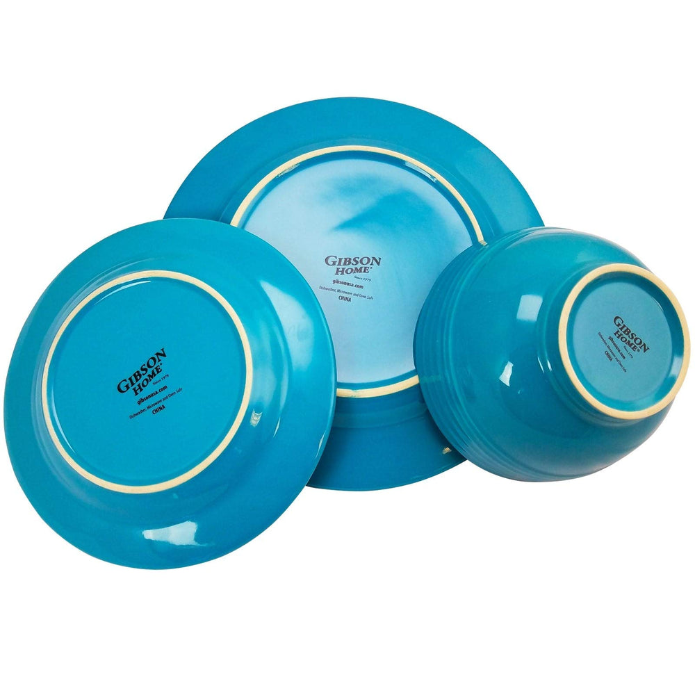 Banded Gloss 12 Piece Stoneware Dinnerware Set in Turquoise Blue Casual Round - Diamond Home USA