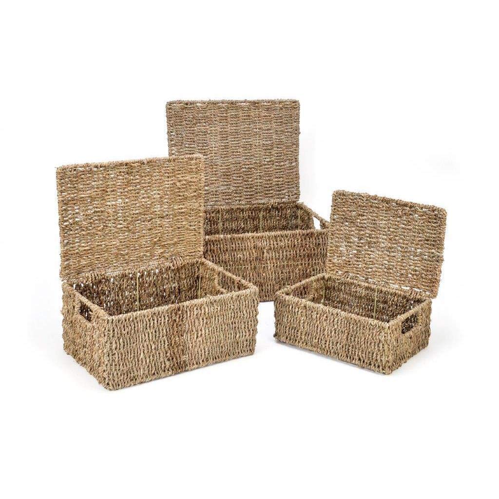 Set Of 3 Rectangular Seagrass Baskets With Lids Beige