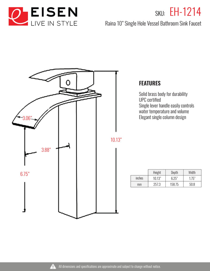 Raina 10" Single Hole Vessel Sink Single Handle Modern Bathroom Faucet Matte