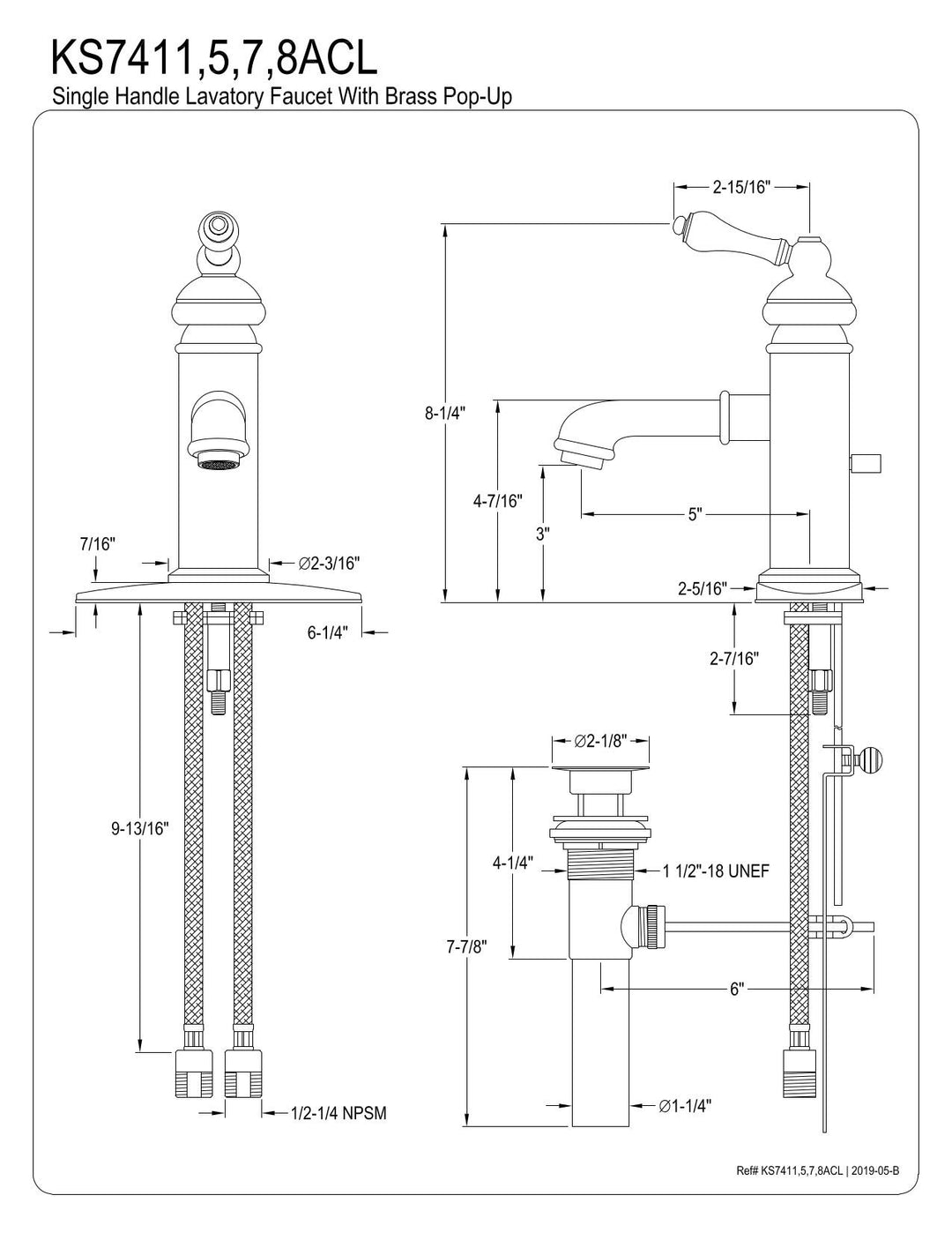 Kingston Brass KS7415ACL American Classic Bathroom Faucet 5" in Spout Reach Oil Rubbed Bronze