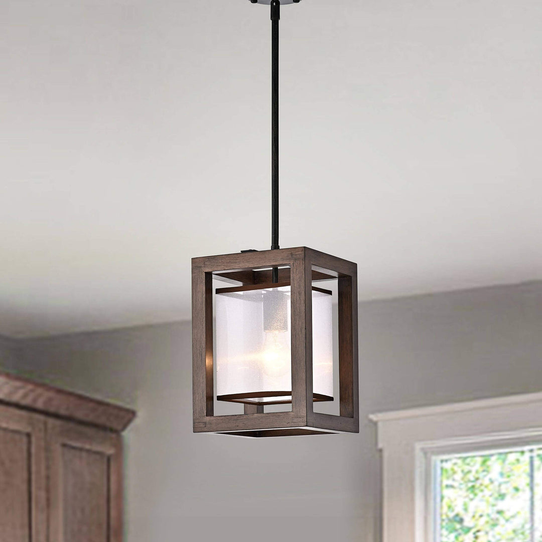 1 Light Antique Black Metal Natural Wood Fabric Shade Pendant Modern