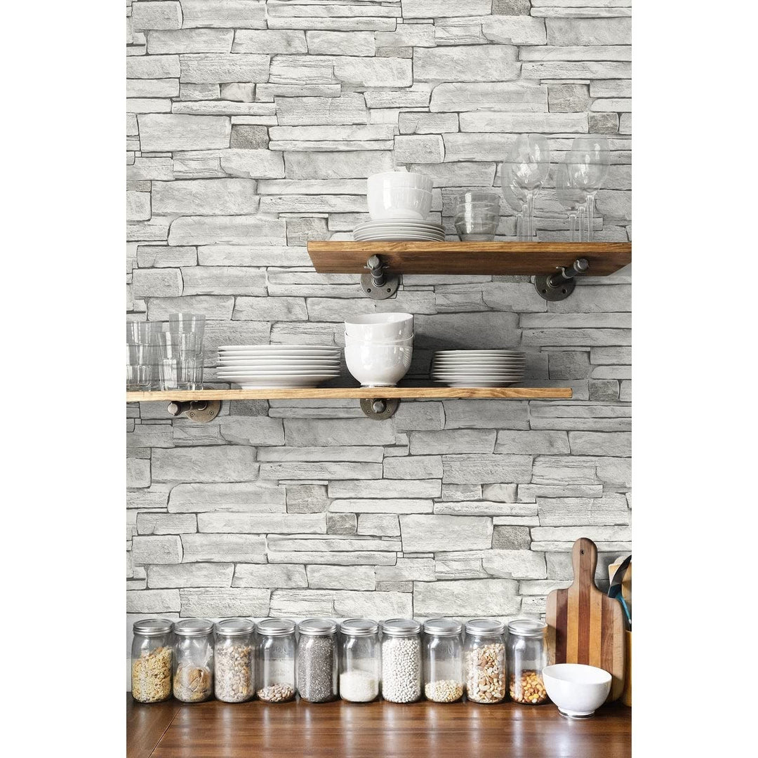 Stacked Stone Peel and Stick Wallpaper 20.5 in. W X 18 Ft. L Grey Off/White