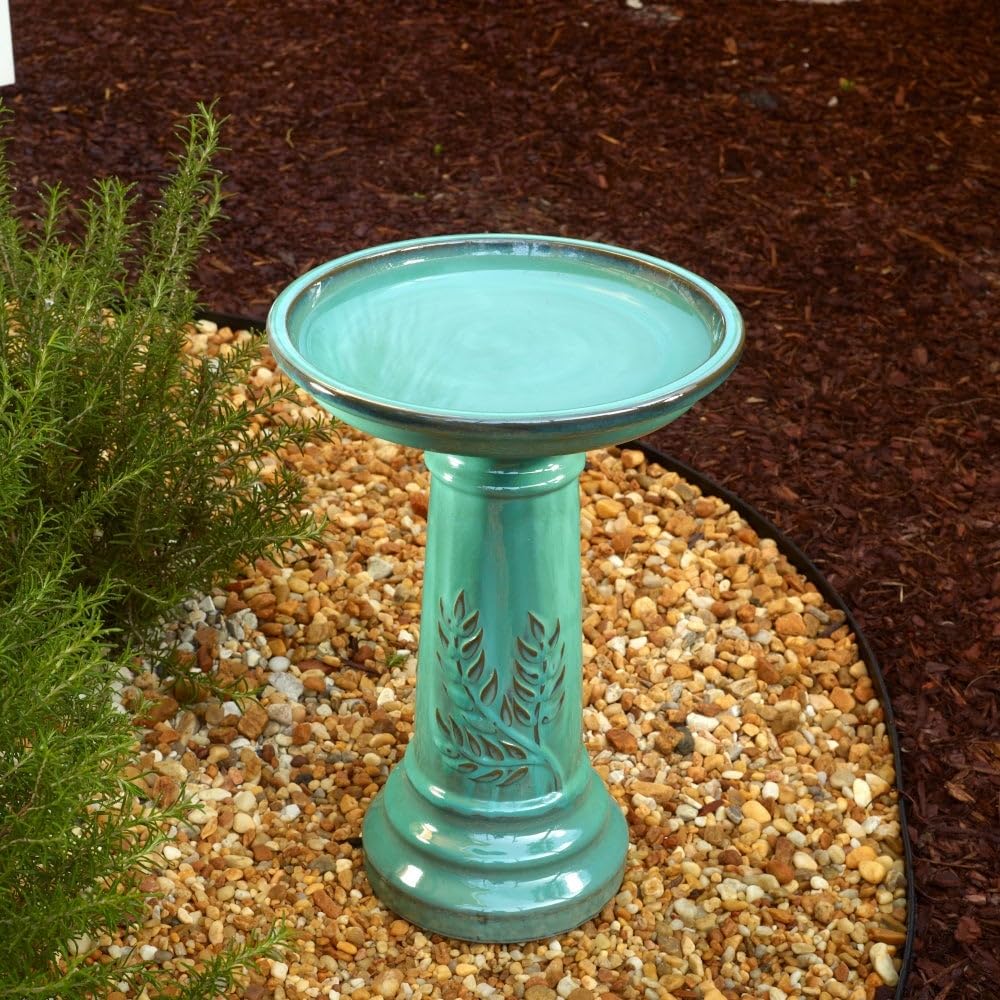 Traditional Ceramic Birdbath Green Pedestal