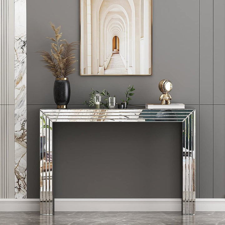 Mirrored Console Table Silver Entryway Clear Glam Contemporary Rectangular Glass