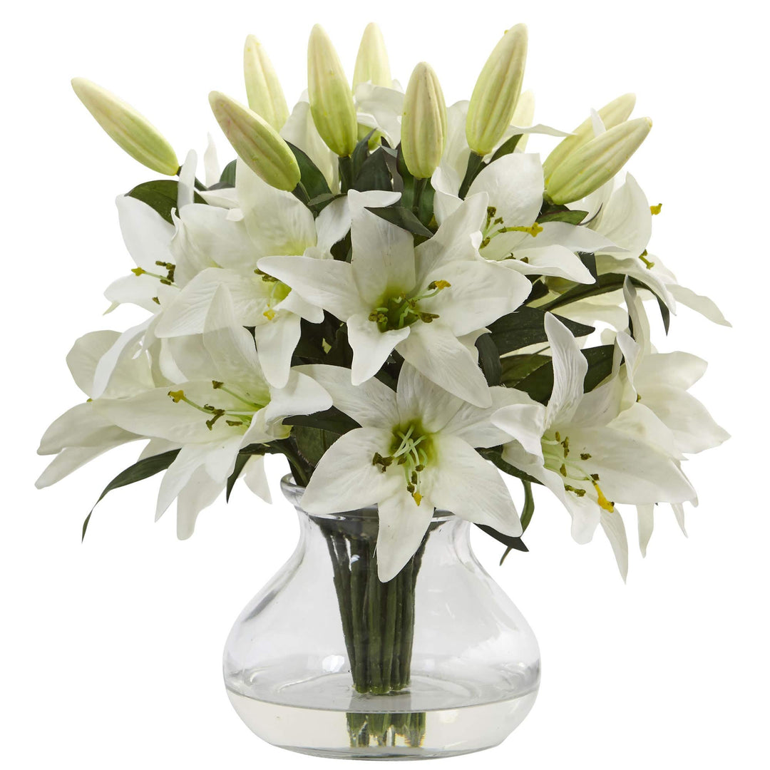 White Faux Lily Arrangement with Clear Glass Vase