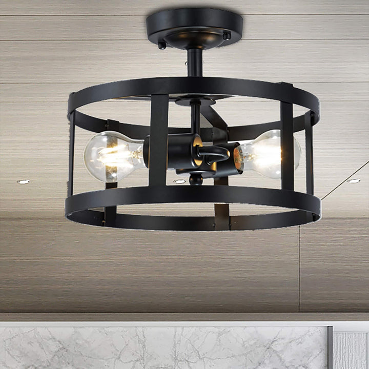 Black Metal 2-Light Semi-flushmount Ceiling Lamp Mid-Century Modern Contemporary