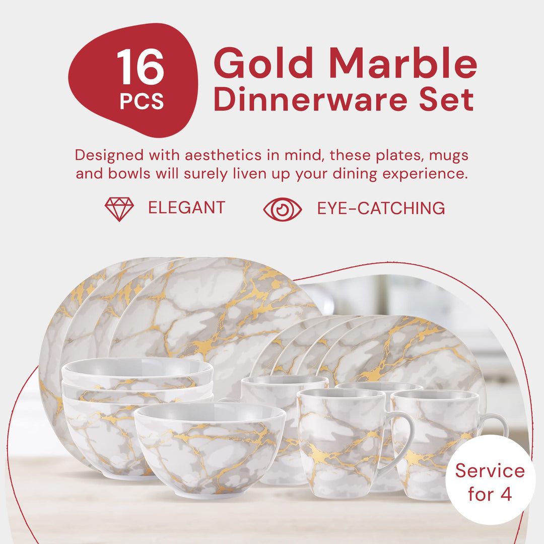 Safdie & Co. - Gold Marble Plates and Bowls Sets Modern Kitchen 16-Piece