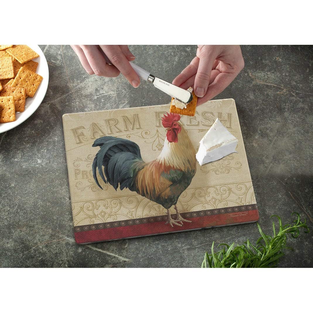 Glass Cutting Board Counter Saver 10" X 8" Farm Fresh Rooster Multi Color