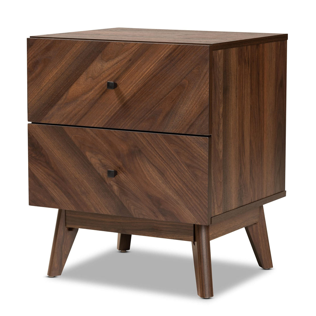 Mid-Century Modern Walnut nished Wood 2-Drawer Nightstand Brown Mid-Century