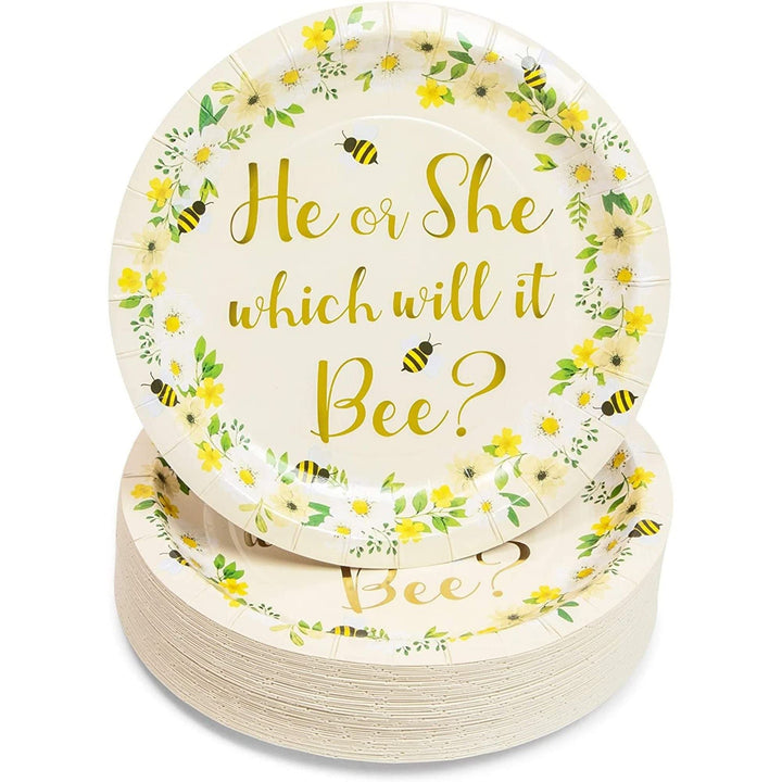 Bee Paper Plates For Gender Reveal Party (7 In 48 Pack) White Floral Country