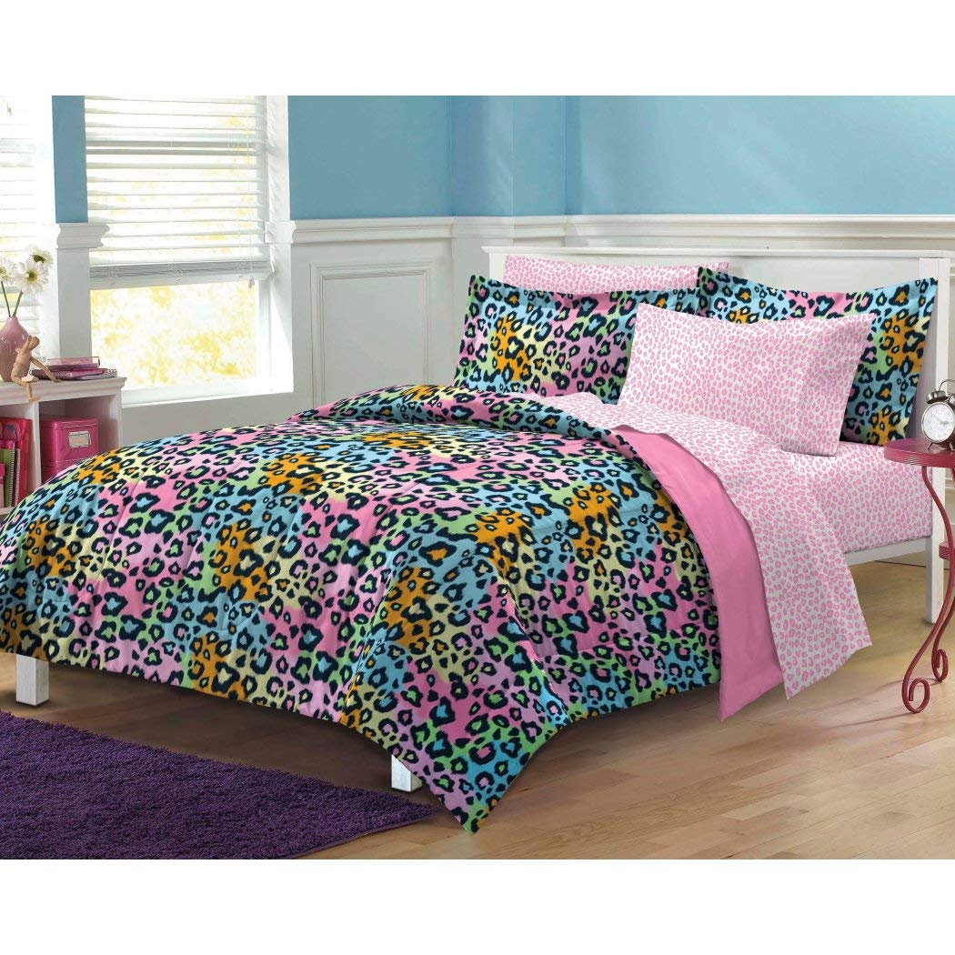 D&H 5 Piece Girls Teen Rainbow Leopard Themed Comforter Twin XL Set All Over Twin XL/Twin - Twin XL - 5 Piece