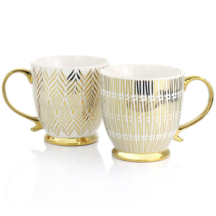 Gold 4 Piece 16.7oz Electroplated Fine Ceramic Mug Set Stripe Formal Round