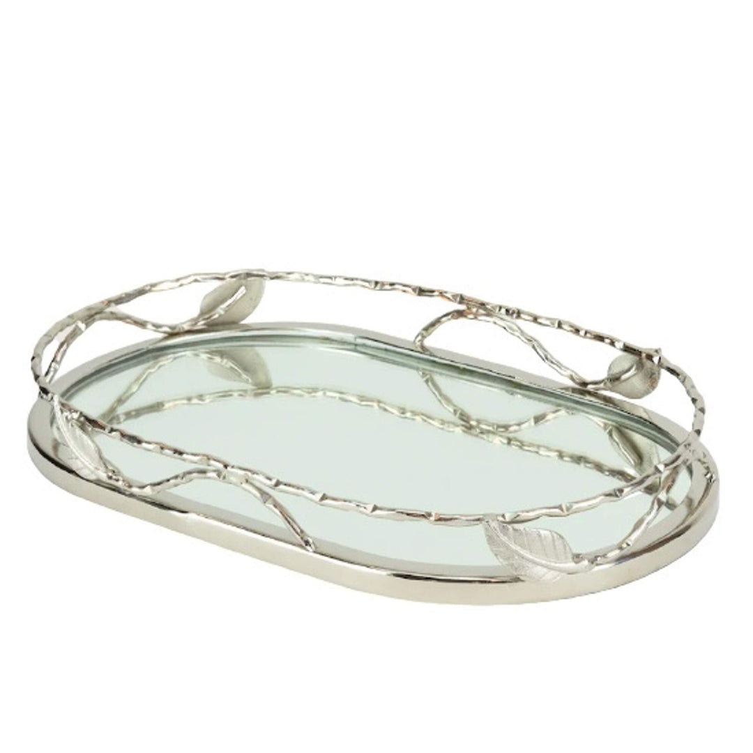 Oval Mirror Tray with Leaf Border 3.75 X 8.5 in Silver Solid Stainless Steel