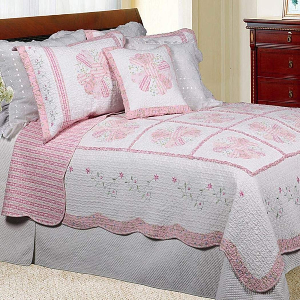 2 Piece Beautiful Pink Green White Twin Quilt Set Floral Patchwork Themed - Diamond Home USA