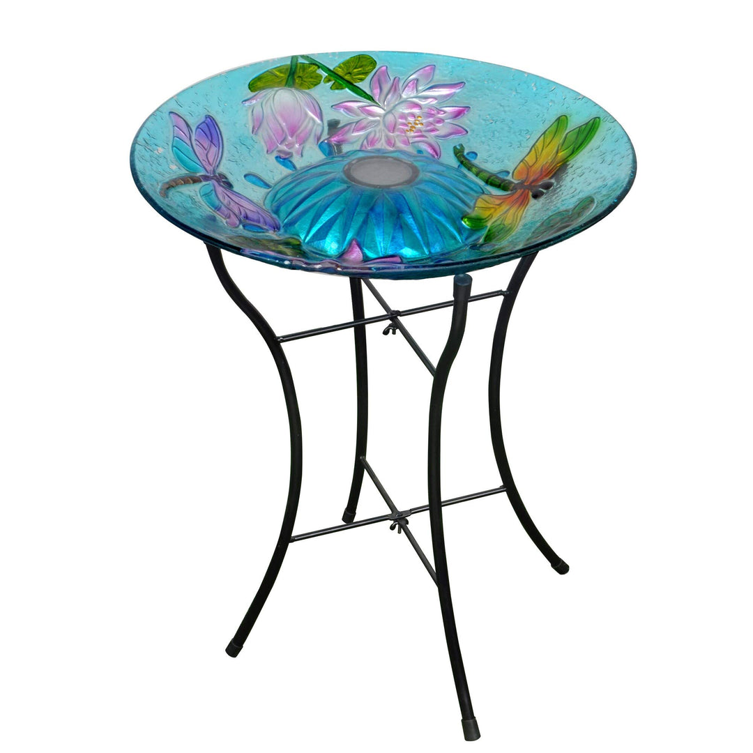 18" Handpainted Dragonfly Fusion Glass Solar Bird Bath Blue Multi Color Purple - Diamond Home USA