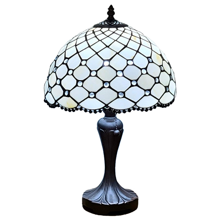 Tiffany Style Table Lamp Banker Jeweled Beaded 19" Tall Stained Glass White