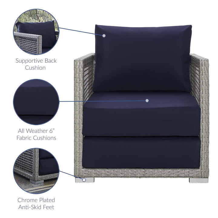 Modway Aura Wicker Rattan Outdoor Patio Arm Chair with Cushions in Gray Navy