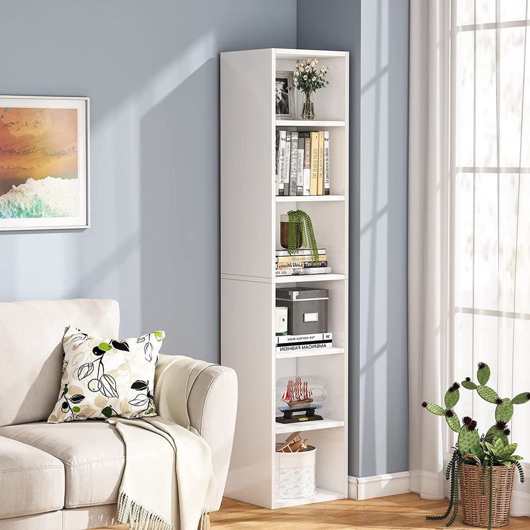 70.9 Inch Tall Narrow Bookcace 6 Tier Open Bookshelf White Classic MDF Glossy