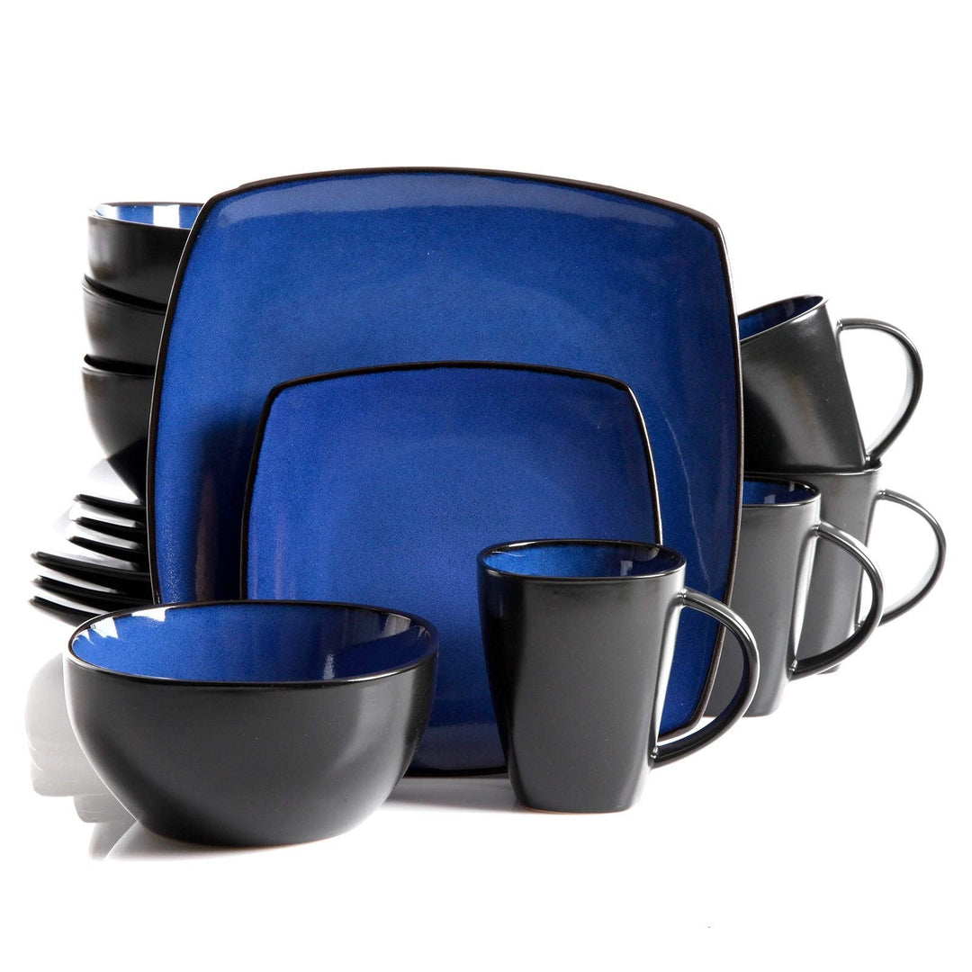 Home Modern Dinnerware Set Blue Solid Casual Round Stoneware 16 Piece