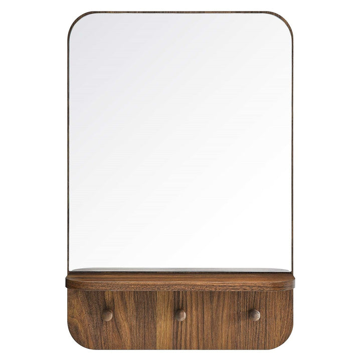 Hollow Modern Walnut Wall Mirror with Shelf and Hooks Brown Contemporary