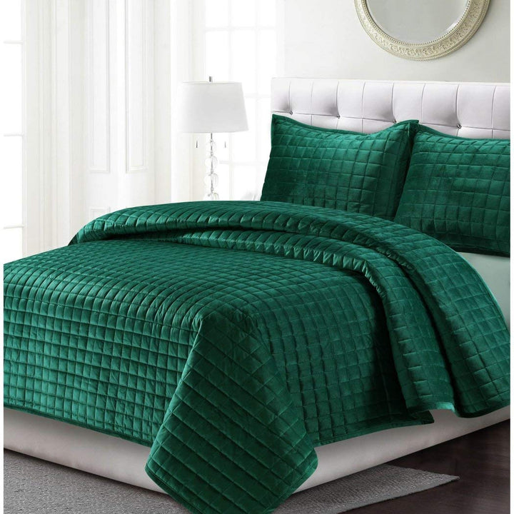 OSVT 3 Piece Emerald Green Chenille Quilt Set Queen Geometric Diamond Pattern Queen - Emerald Green