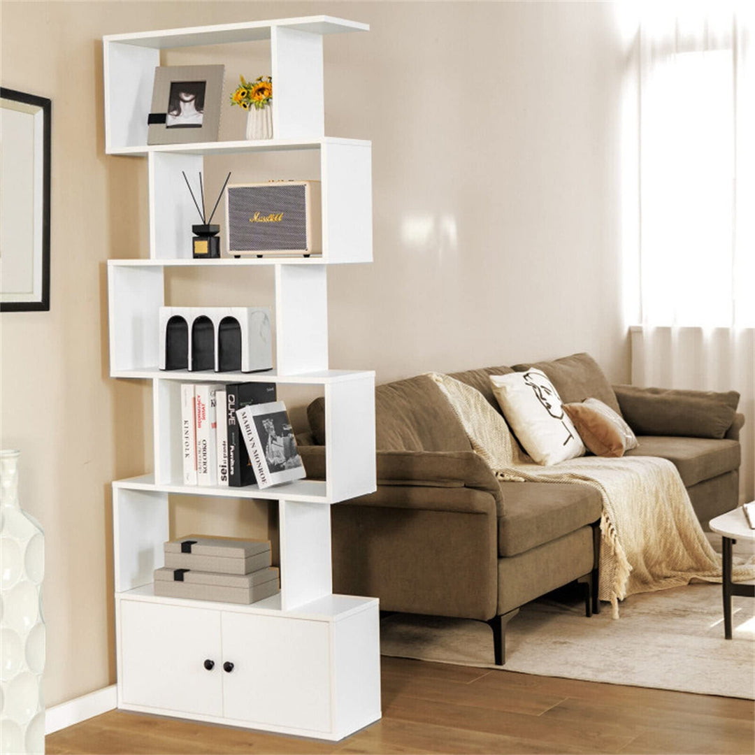 6-Tier S-Shaped Freestanding Bookshelf with Cabinet and Doors White Modern - Diamond Home USA