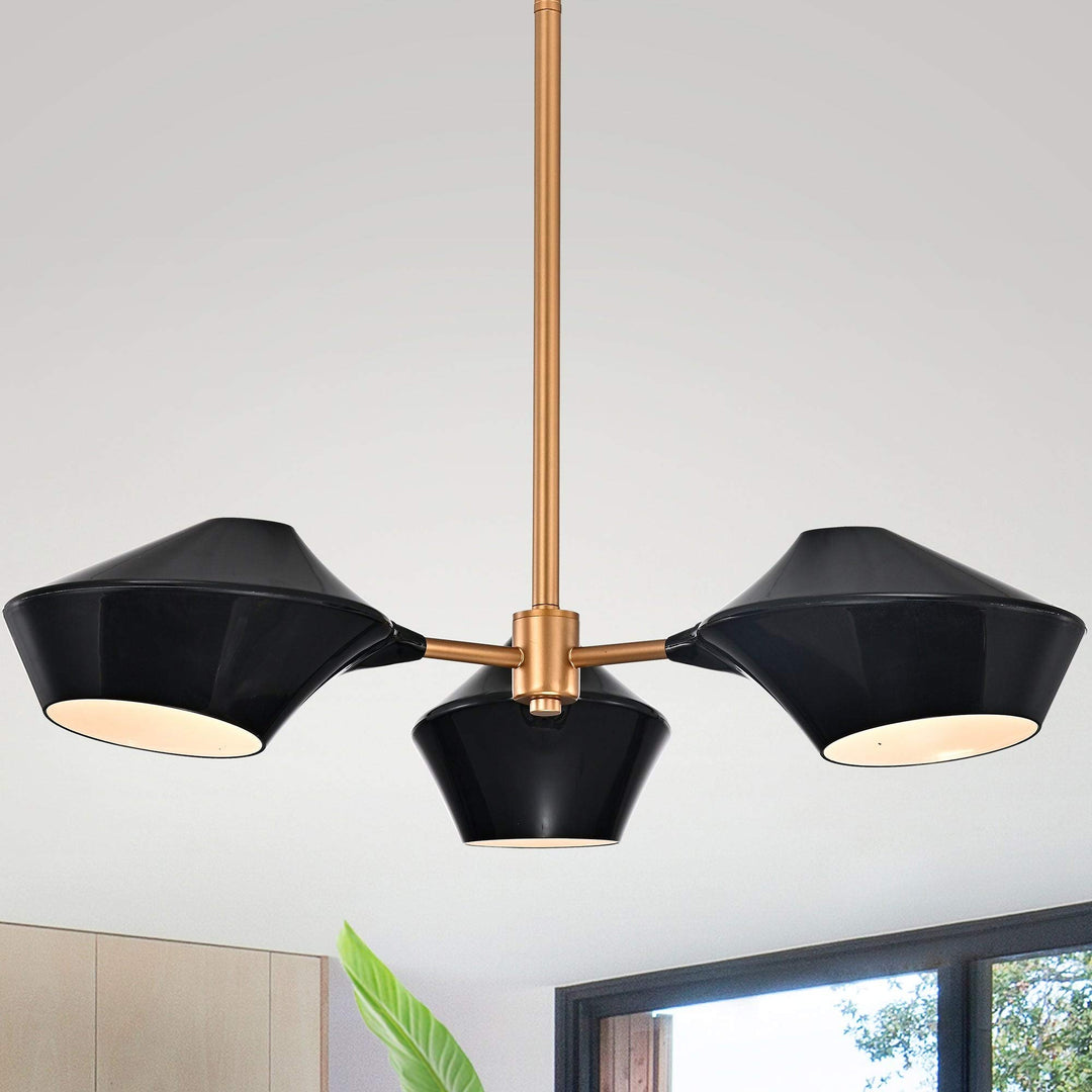 Matte Black+Gold Metal Abstract Shade 3-Light Chandelier Black Gold Modern