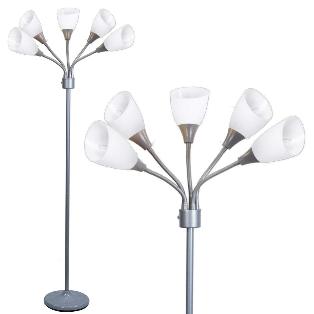 5 Light Floor Lamp with White Shades - Silver Modern Contemporary Nickel