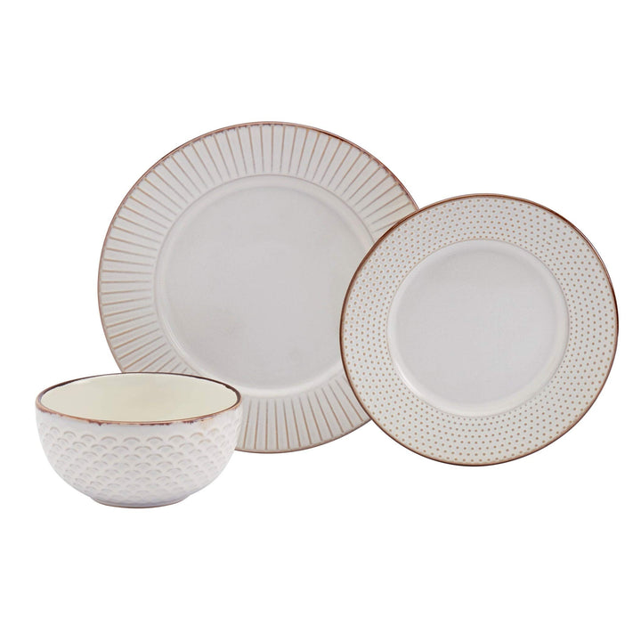 Tabletops Gallery 12pc Embossed Ivory Round Dinnerware Set Textured Modern