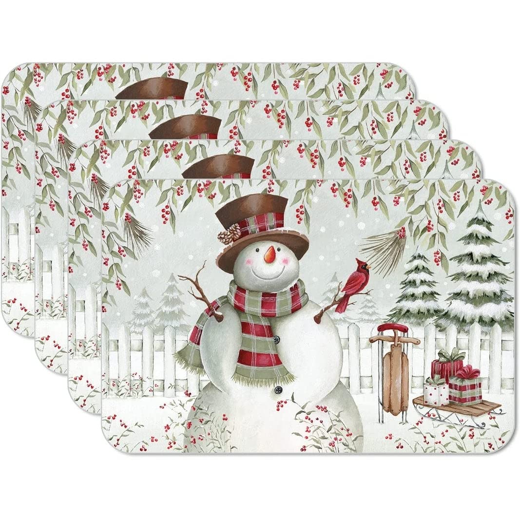 Brown Hat Snowman Reversible Easy Flexible Plastic Placemat 4 Pack Made in The