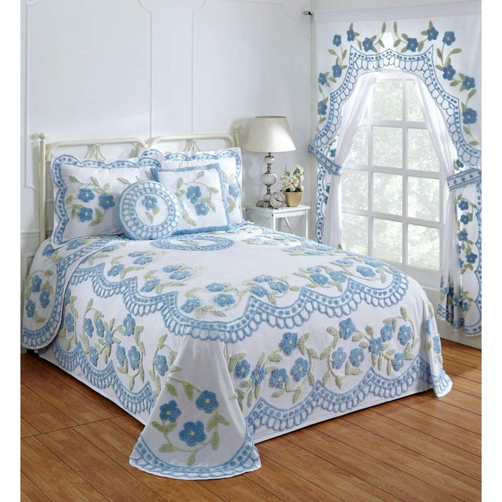 CU 1 Piece Blue rsized Chenille Bedspread Full Floral Pattern Wide Drapes Blue - Full