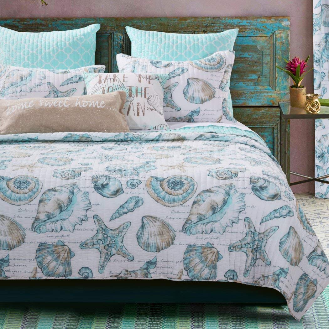 2 Piece White Teal Beach Theme Quilt Twin Set Bright Ocean Coastal Bedding White - Twin - Twin XL