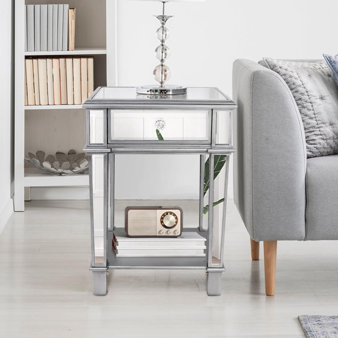 1-Drawer Mirrored Accent End Table Silver Glam Rectangular Glass MDF Matte - Diamond Home USA