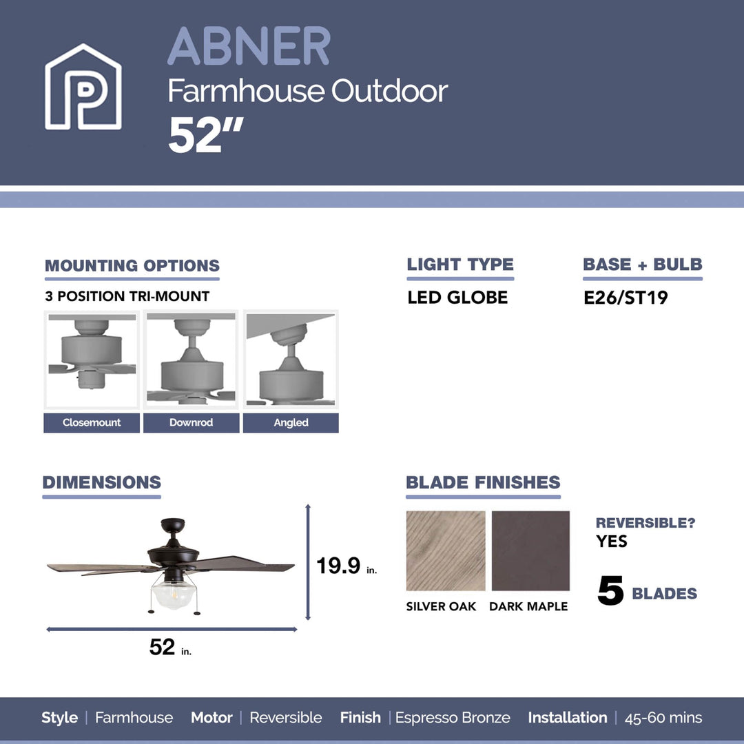 Prominence Home Abner 52 Inch Modern Farmhouse Indoor Outdoor LED Ceiling Fan