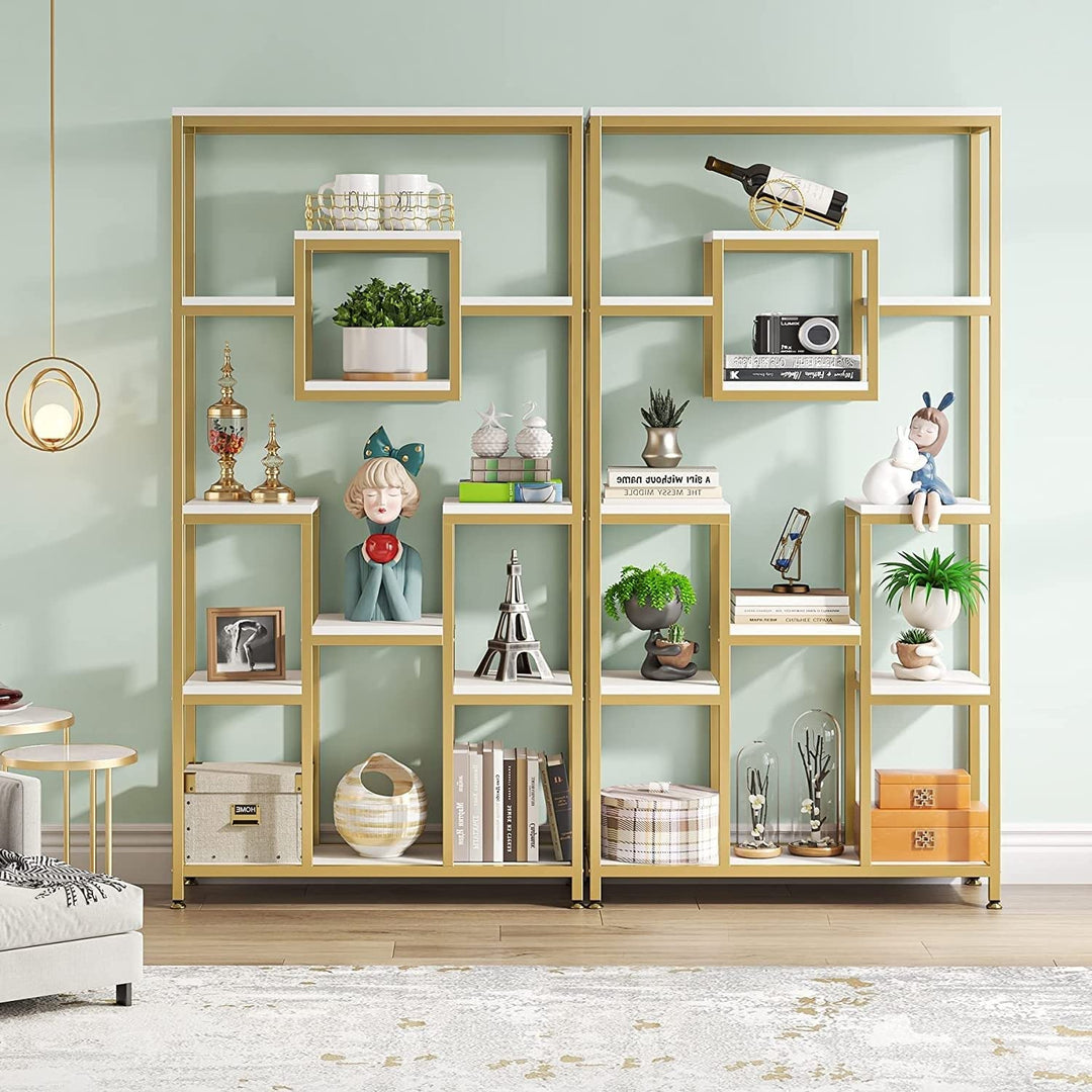 71 Inch Tall Bookshelf Freestanding Geometric Bookcase White and Gold Modern - Diamond Home USA