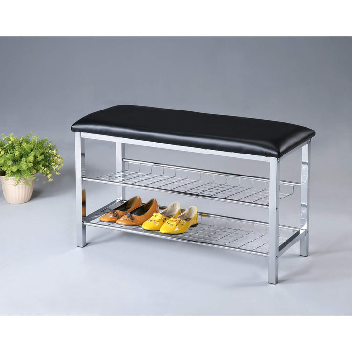 2-Tier Chrome Shoe Bench with Black Faux Leather Seat Silver Modern Contemporary