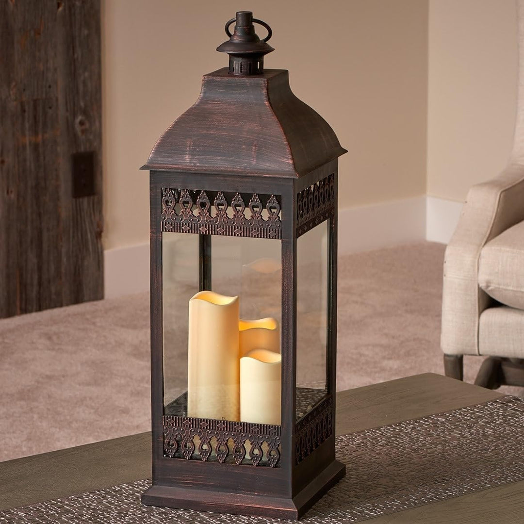 San Triple Led Candle Lantern- Bronze Brown Classic Glass Metal Antique