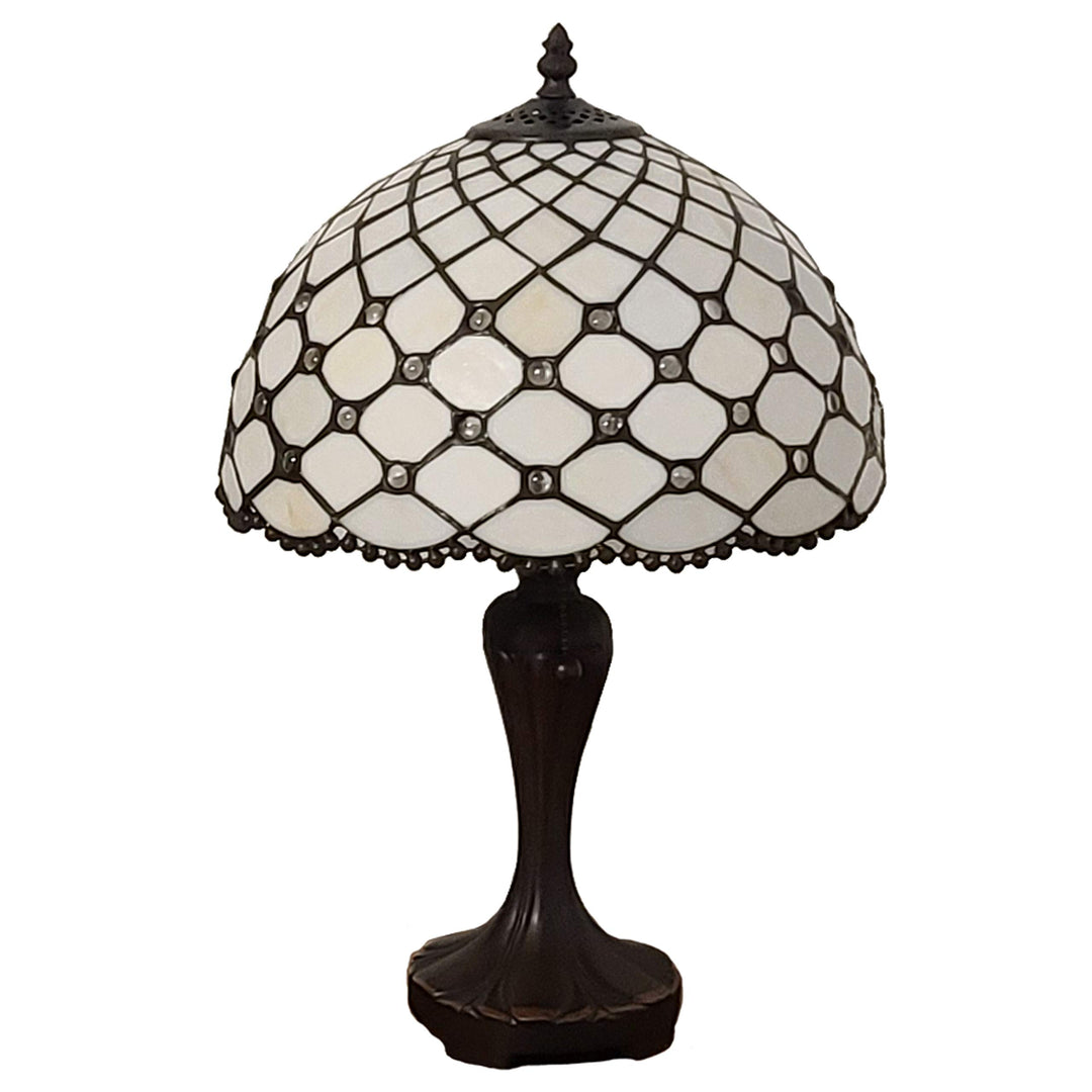 Tiffany Style Table Lamp Banker Jeweled Beaded 19" Tall Stained Glass White