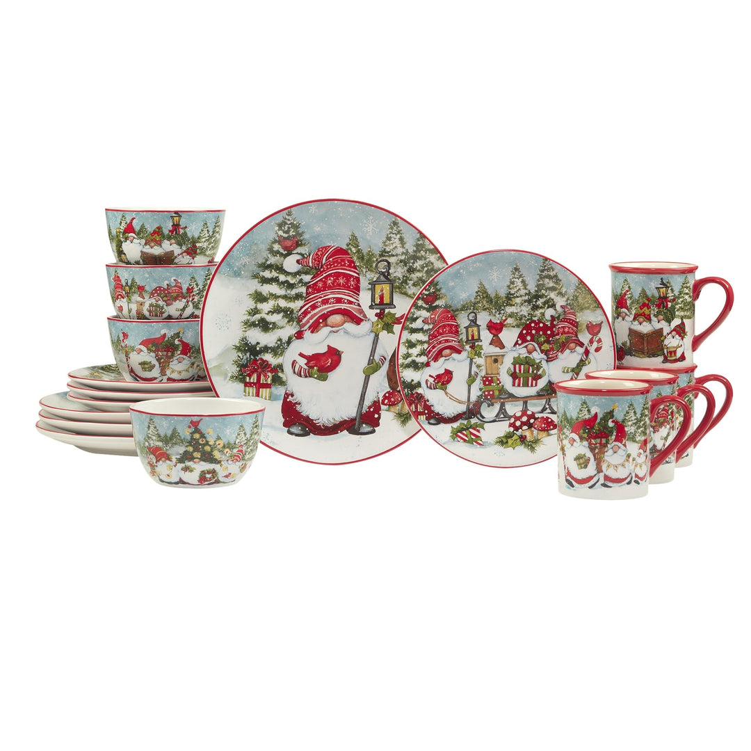 Christmas Gnomes 16 Piece Dinnerware Set Service for 4 Blue Multi Color Red