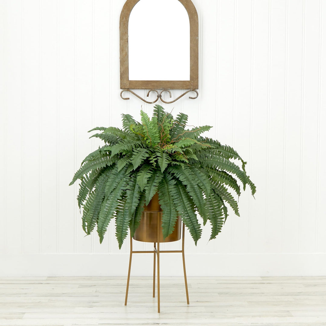 32" Artificial Boston Fern Plant with Metal Planter Stand DIY Kit Green - Diamond Home USA